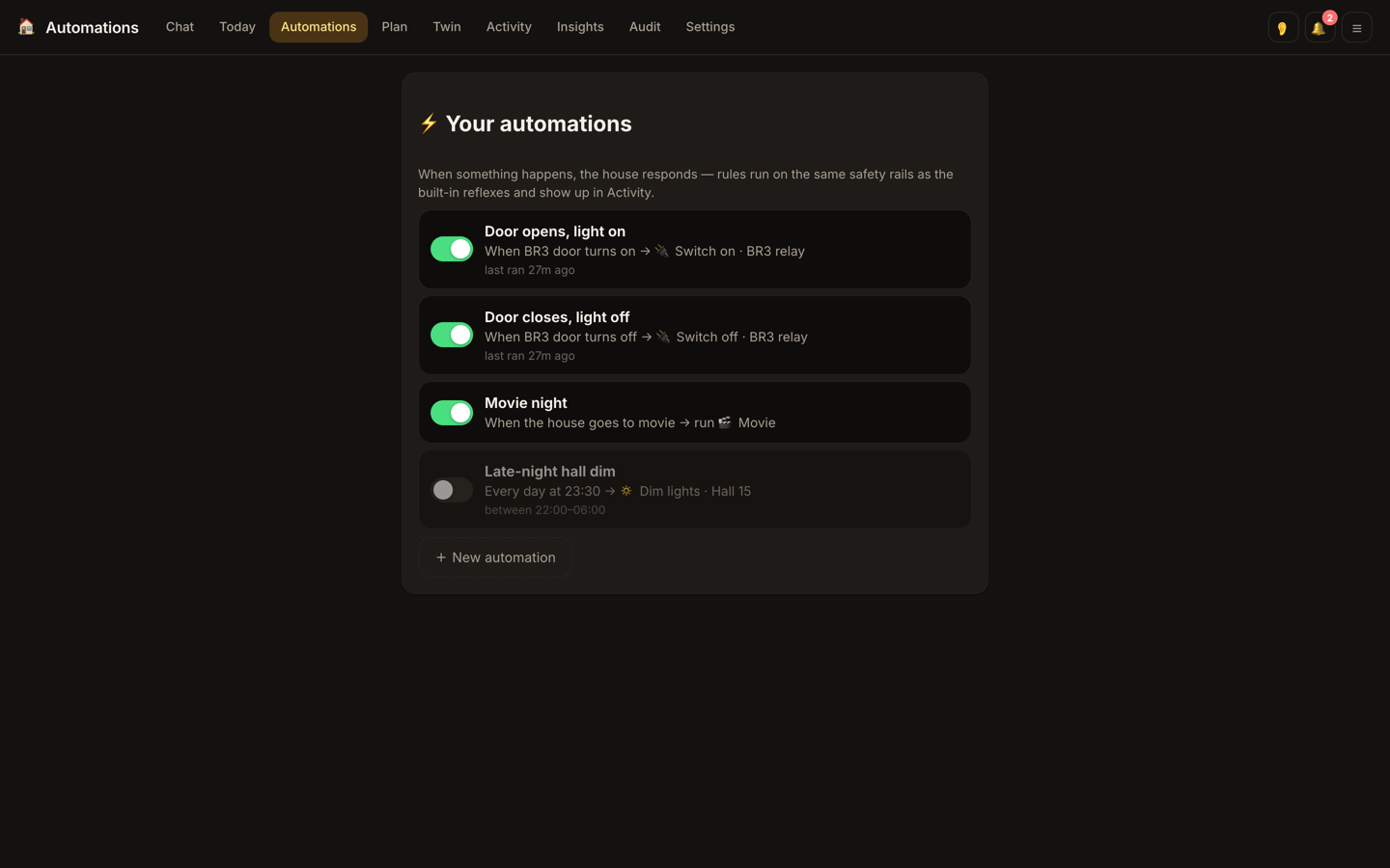 The automations page: plain when-then rules a resident built, each with an on/off toggle