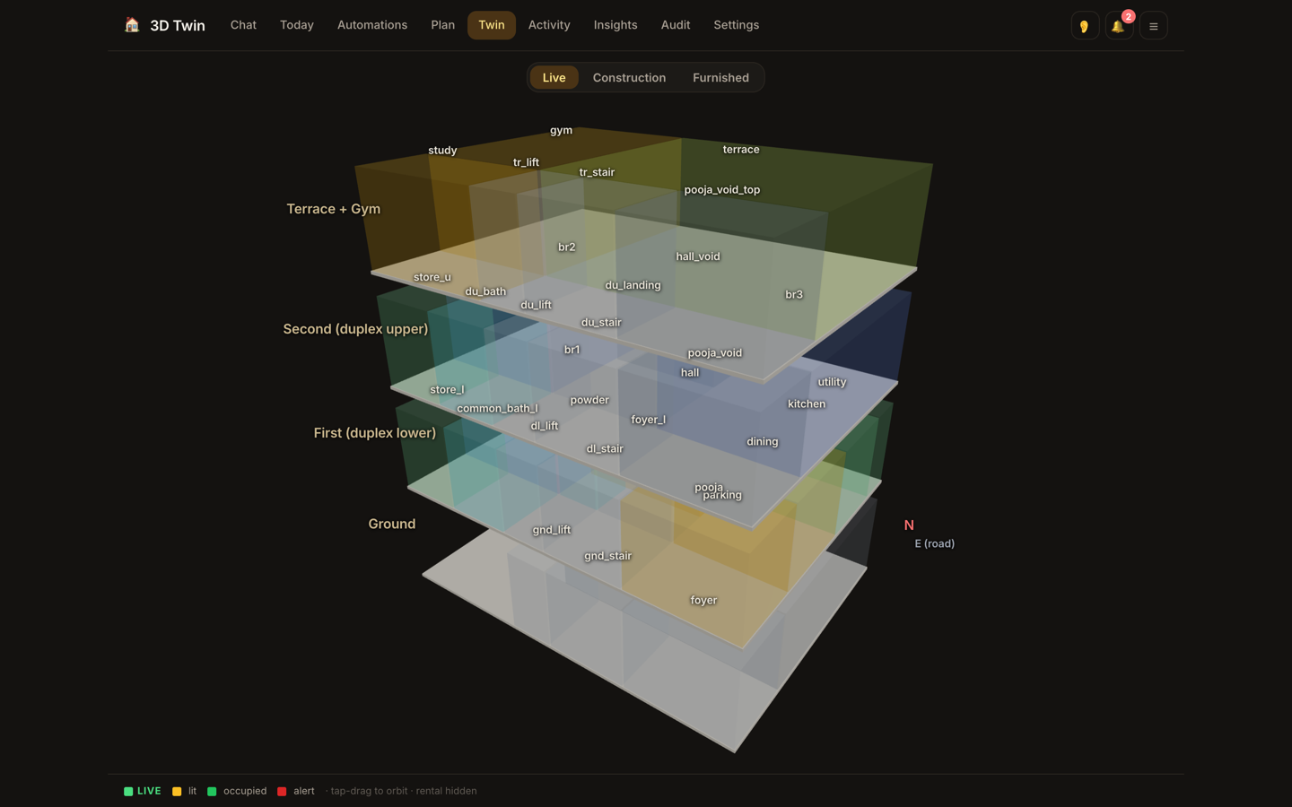 Live 3D digital twin of the home, floor by floor